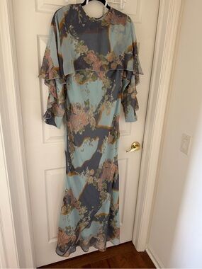 Floral Blue Ruffle Sleeve Cape Long Sleeve Maxi Dress (FULLY LINED)